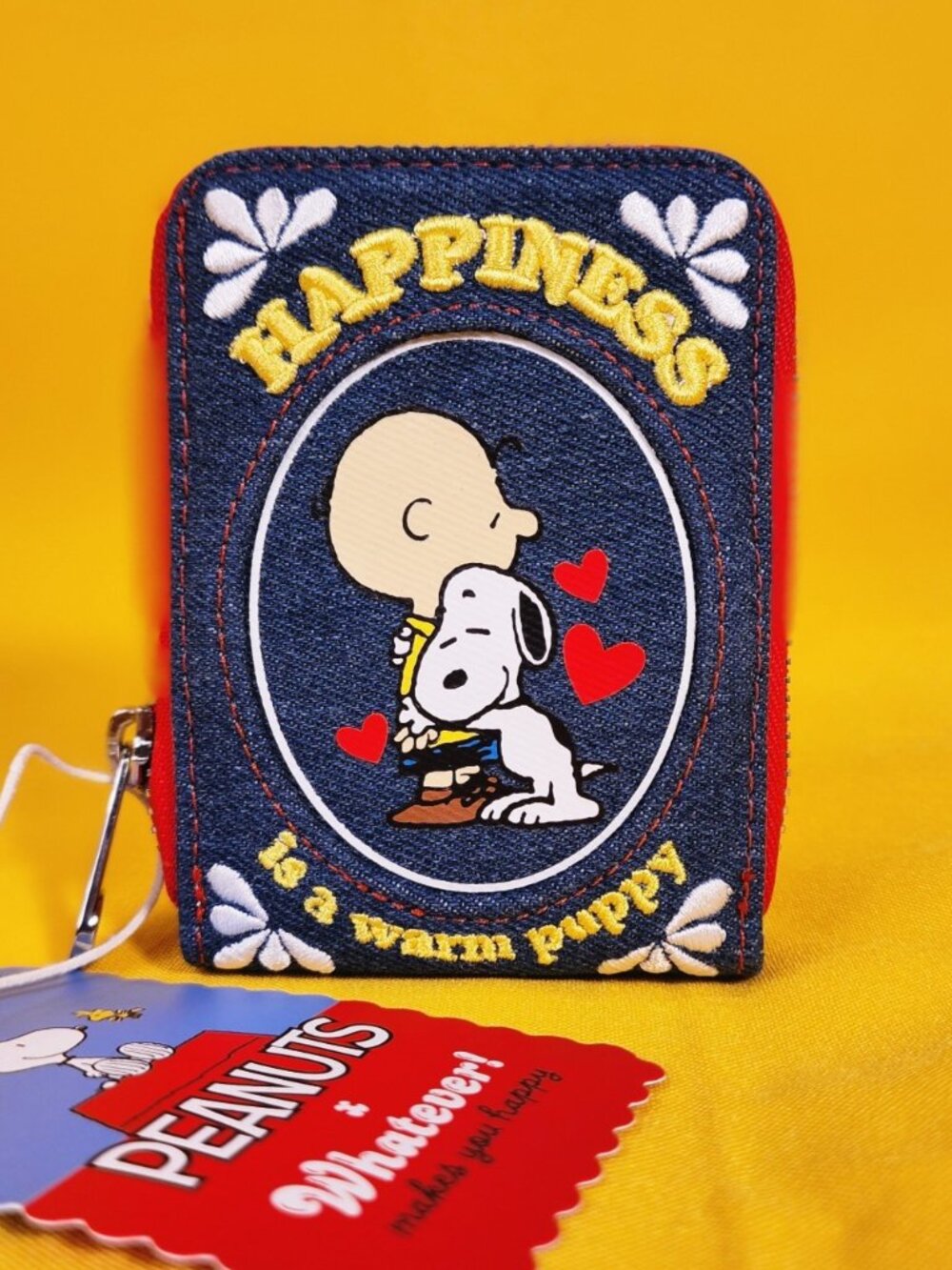 Whatever! Peanuts Snoopy “Happiness Is a Warm Puppy” Denim Accordion Wallet NEW